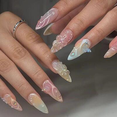 24pcs Summer Fake Nails Press on Almond Wearable 3D Butterfl