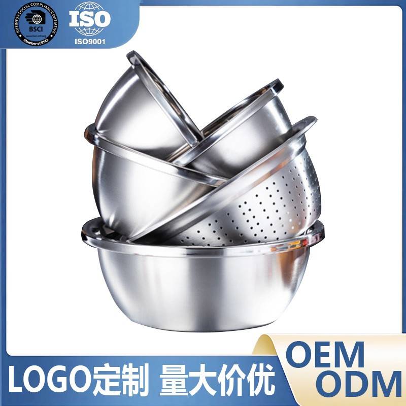 反边加厚调料缸多用盆套盆 洗菜沥水盆米筛三件套 不锈钢五件套盆