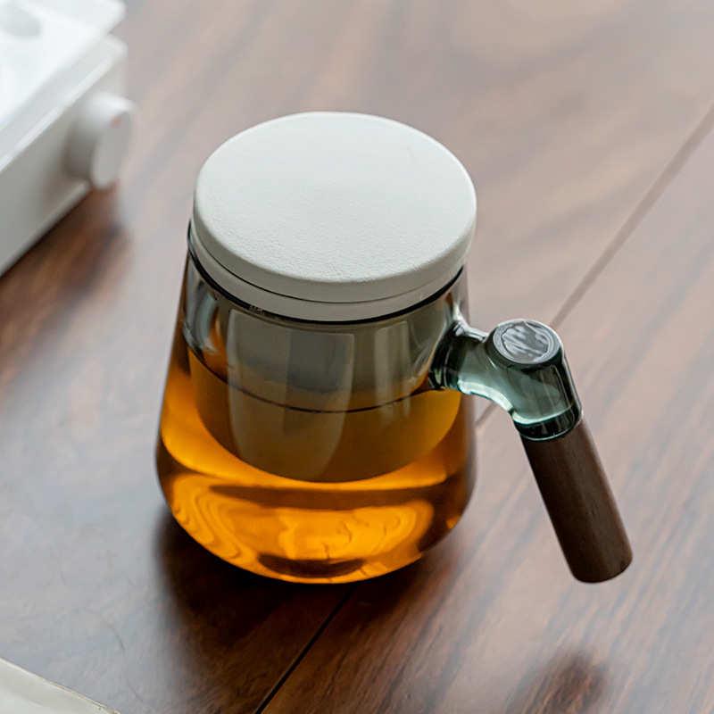 陶瓷玻璃木把泡茶杯高硼硅玻璃茶水分离杯办公室家用水杯三件套