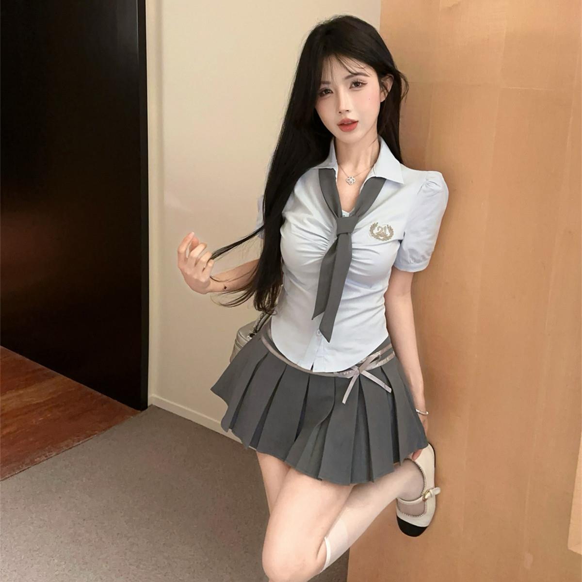 减龄柔式spa技师工作服足浴学院风jk制服套装新款收腰短袖衬衫女