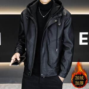 潮牌男士皮衣外套新款加绒加厚男装假两件皮夹克保暖连帽冬装衣服