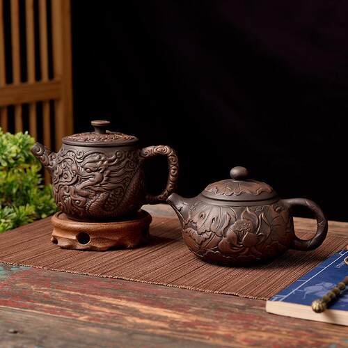中式紫陶茶壶汉瓦壶西施泡茶器大号荷花家紫砂朱泥壶家用功夫茶具