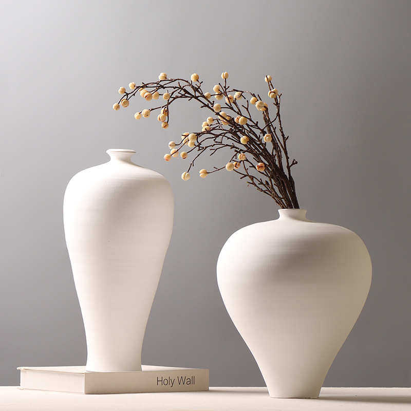 侘寂风陶器手工拉坯白色素雅梅瓶茶室酒店花架插花装饰品摆件中式