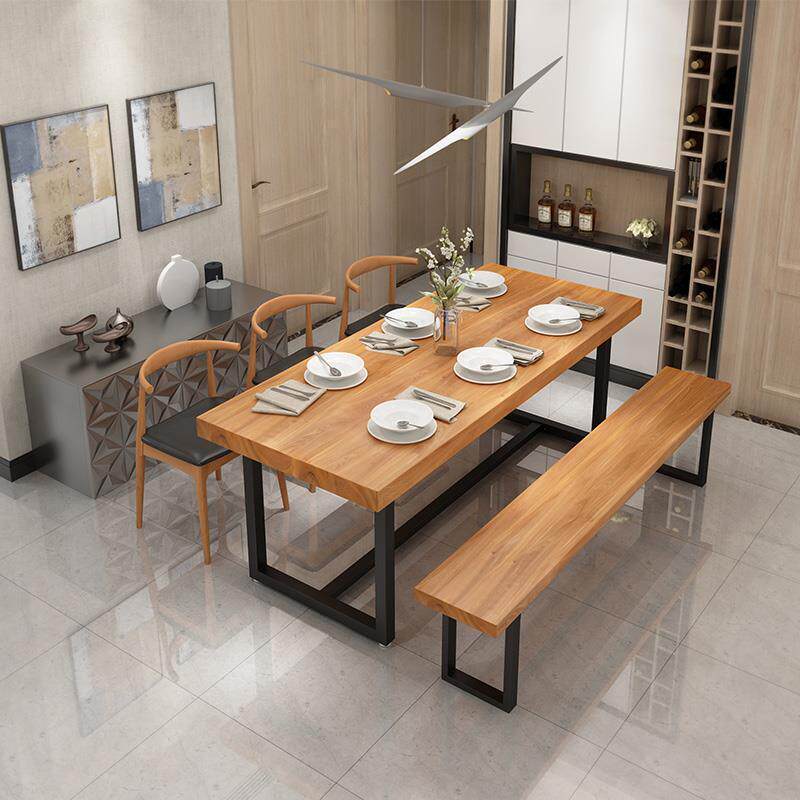 北欧实木餐桌椅组合 小户型餐厅长条餐桌 火锅店多人铁艺原木餐桌