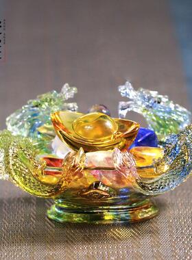 双龙戏珠琉璃聚宝盆摆件风水招财办公室客厅摆聚财放朋友送礼