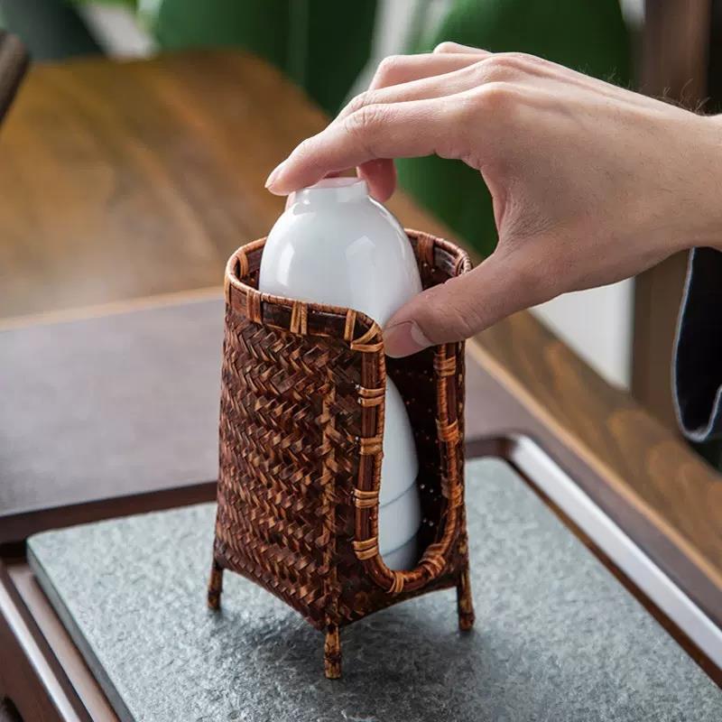日式禅意杯架茶杯篓手工收纳篓竹编品茗杯收纳盒家用功夫茶具配件