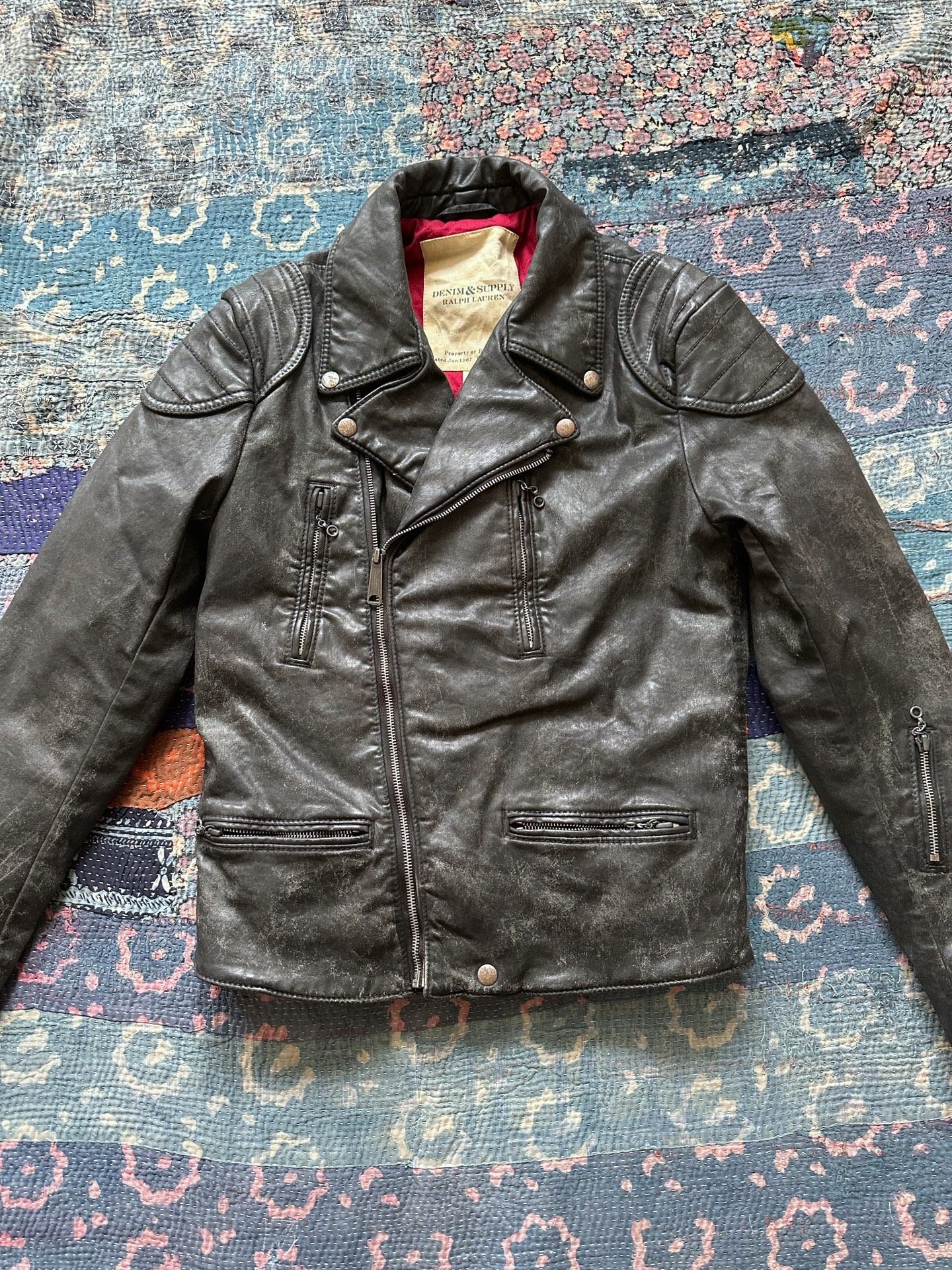 Black Coated Diagonal Zip Motorcycle Jacket