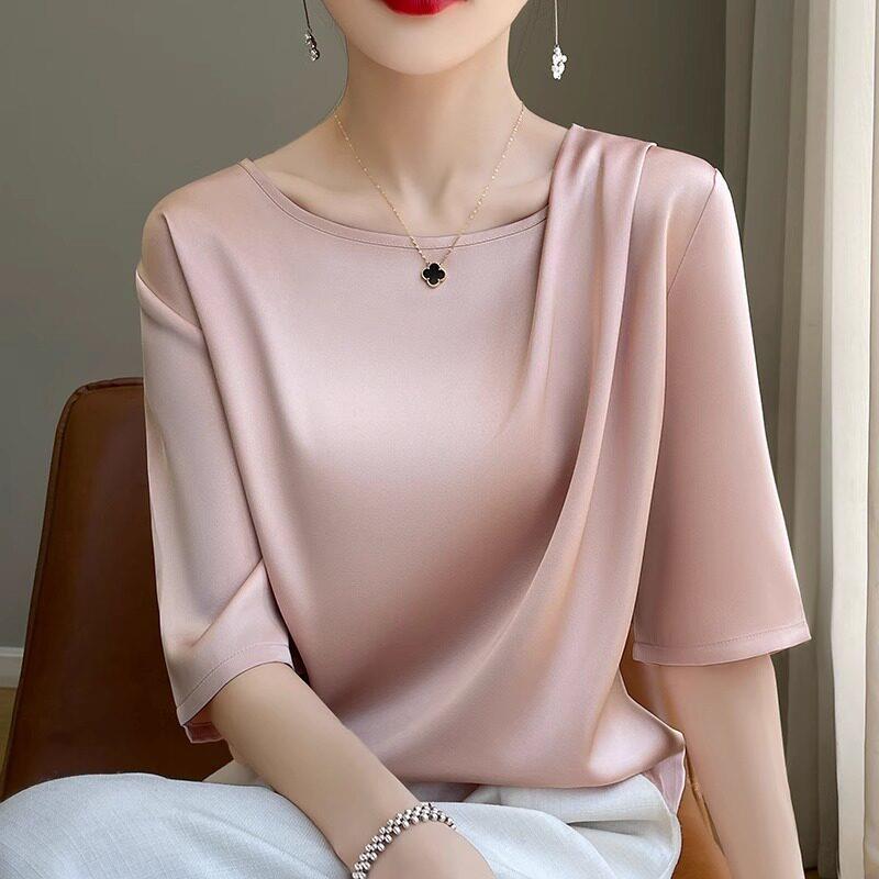 圆领真丝缎面五分袖T恤女2025年夏季新款宽松显瘦桑蚕丝大尺码上