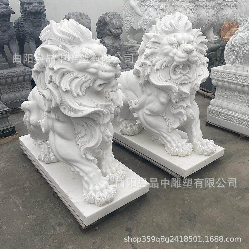 石雕狮子汉白玉欧式石狮子一对大理石汇丰爬狮公司庭院别墅门口