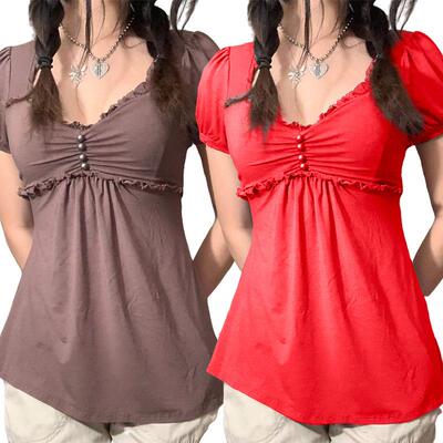 Womens Summer Elegant T-Shirt Short Sleeves V-Neck Ruffled