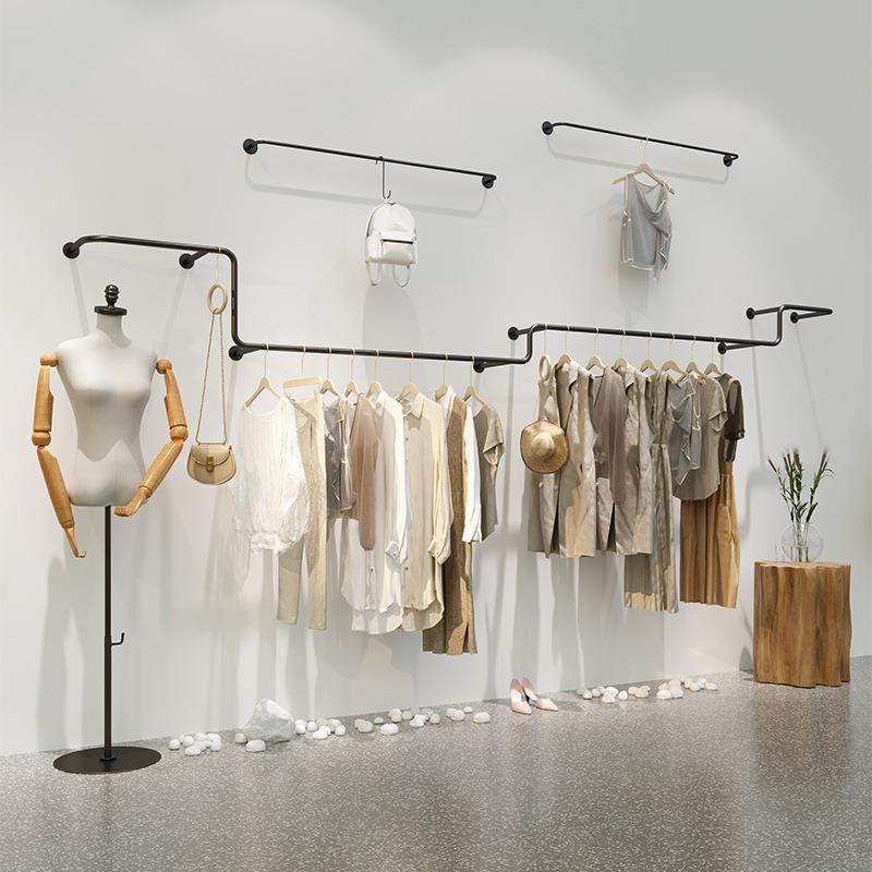 服装店衣架展示架女装店布置墙壁挂架黑色铁艺衣服侧挂陈列货架子