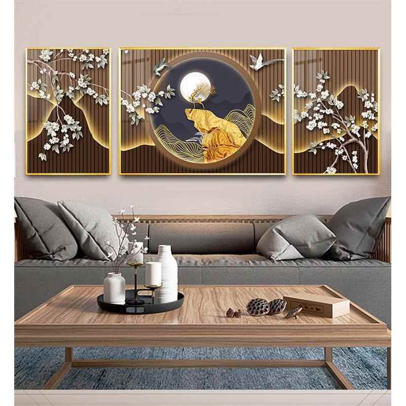 轻奢抽象意境客厅沙发背景壁画金山吉祥飞鸟植物入户三联装饰画