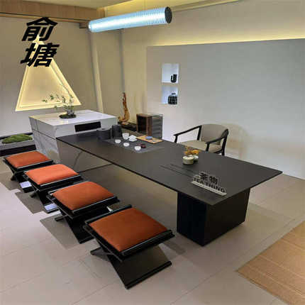 俞塘新中式实木岩板茶桌黑胡桃木泡茶台现代简约家用会客岛台茶几