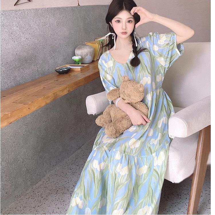棉绸睡裙女夏薄V领超长到脚裸大码可外穿连衣裙人造棉睡衣家居服