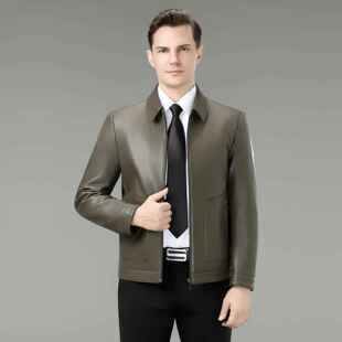 8066 休闲软皮夹绵克中年爸爸装 宁高级感男士 海皮翻领皮衣男秋季