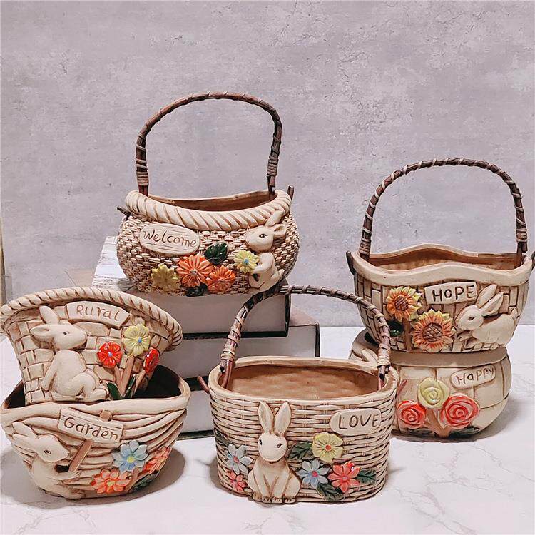 2022新款手提篮子卡通多肉植物花盆田园可爱兔子肉肉陶瓷绿植