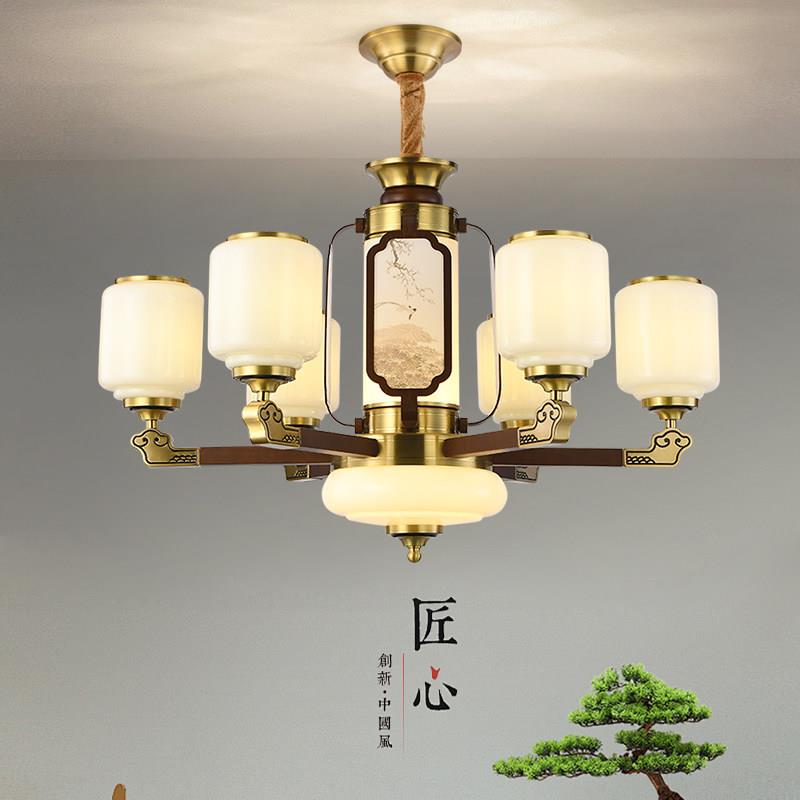 宋式美学客厅吊灯 新中式餐厅灯全铜胡桃木色别墅大厅主灯楼中楼