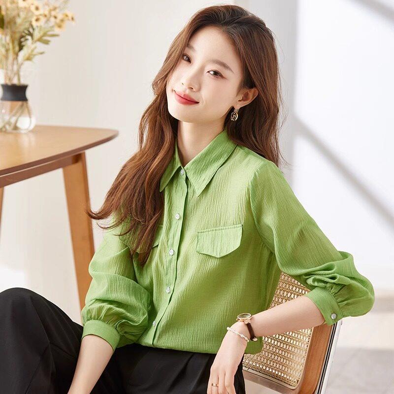 绿色衬衫女长袖2026新款春季雪纺上衣法式高级感时尚洋气职业衬衣