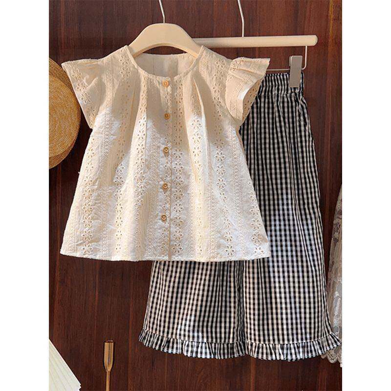 网红女童韩版洋气套装中大童夏季新款洋气飞袖衬衫格子长裤两件套