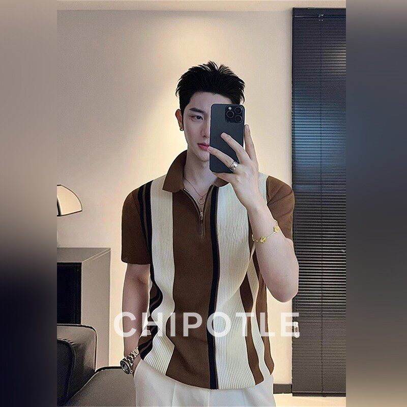 韩国CHIPOTLE老钱风条纹撞色针织POLO衫男士2026夏季冰丝短袖t恤