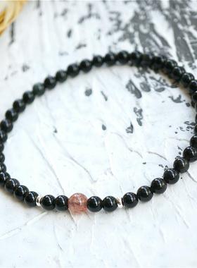 黑曜石手链女细黑曜石手链小珠子黑手串黑石天然珠子简约彩虹眼