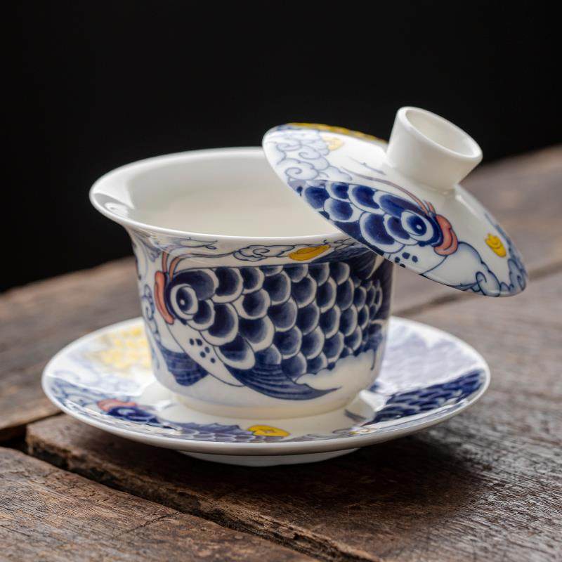 龙鱼三才盖碗可悬停茶杯单个高档羊脂玉瓷泡茶碗家用带盖功夫茶具,餐饮具,盖碗,淘宝优惠券,粉丝福利购,淘宝优惠卷