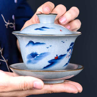 仿宋哥窑复古青花盖碗家用陶瓷三才碗单个功夫茶具茶碗泡茶器茶杯
