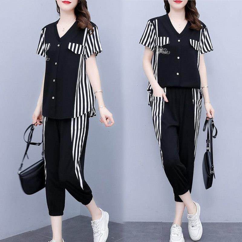 潮牌胖妹妹显瘦套装夏季大码女装宽松遮肚子条纹上衣七分裤两件套