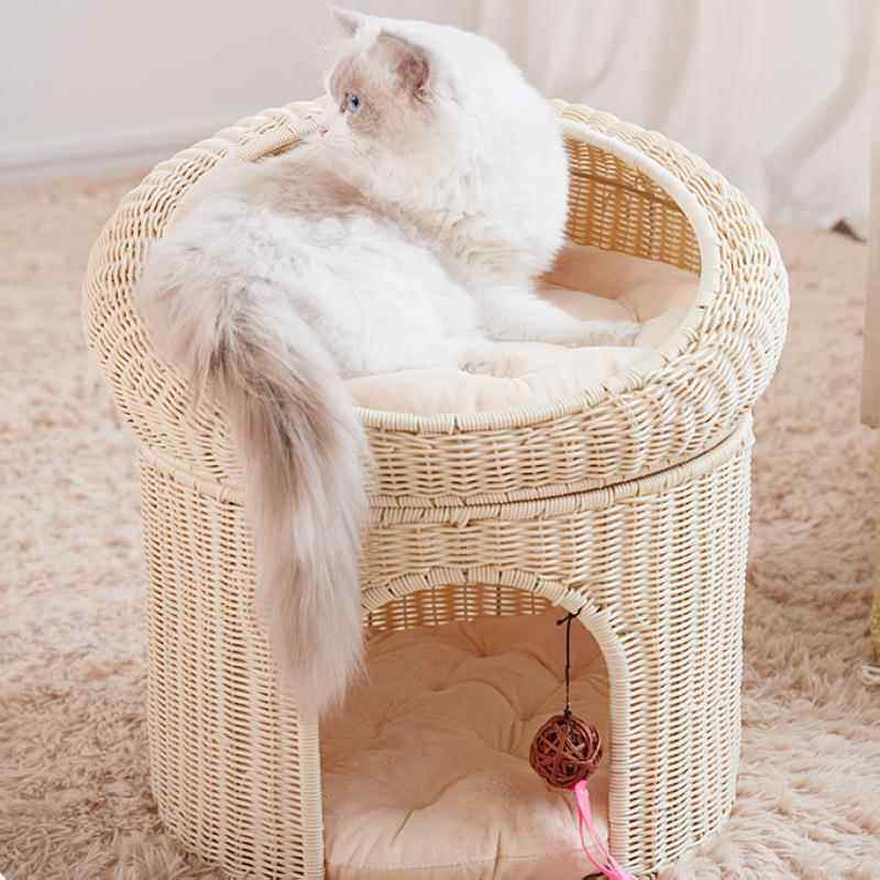 猫咪夏季清凉猫窝透气藤编房子幼猫窝四季通用双层半封闭式宠物窝