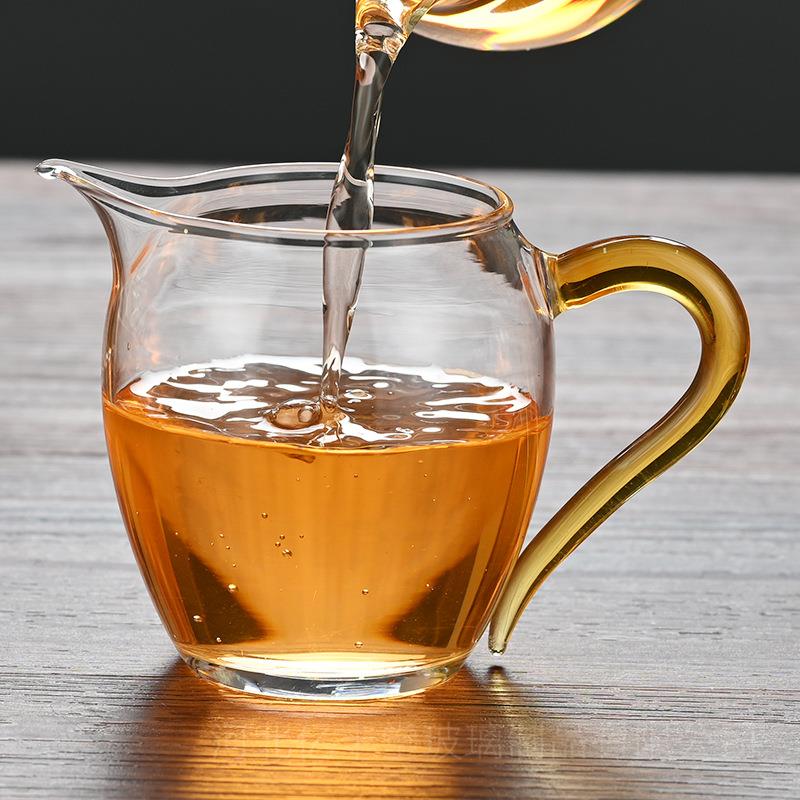 新款玻璃茶道配件公道杯 多彩颜色琉璃把公道杯茶海 茶艺厂家供应图片