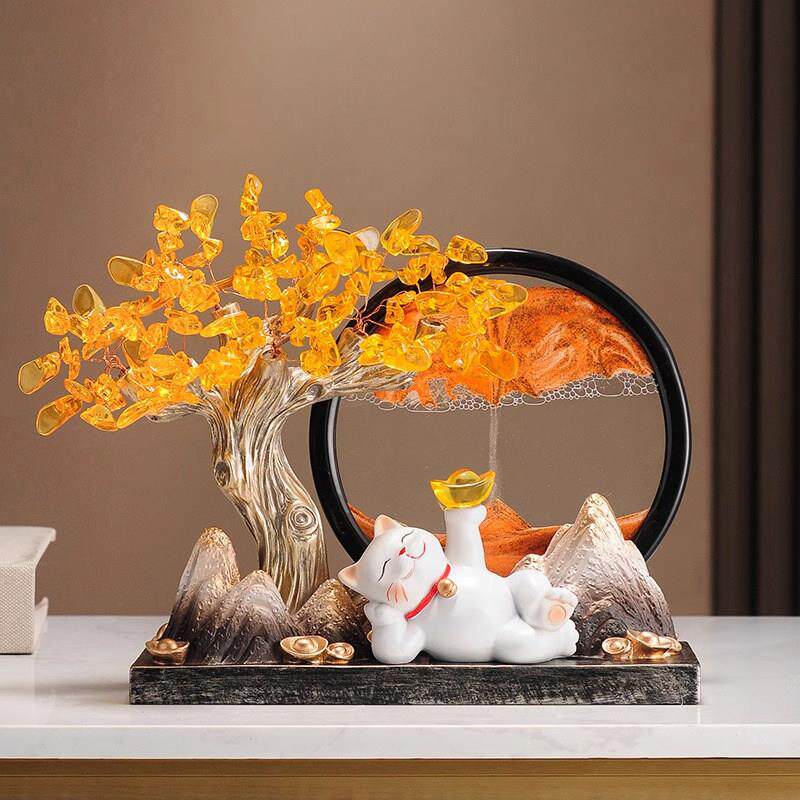 新中式发财树流沙画招财进宝招财猫摆件办公室乔迁开业大吉装饰品