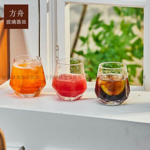 简约小清新锤纹六角玻璃杯果汁杯饮料杯家用高颜值水杯牛奶杯子