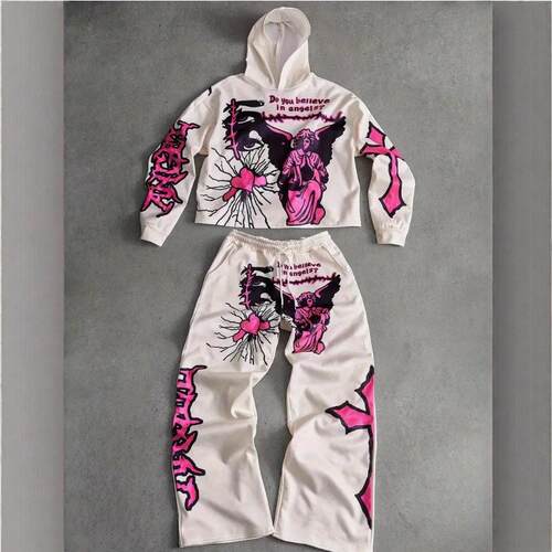 Heart Print Hoodie Set Long Sleeve Loose-Fitting Casual