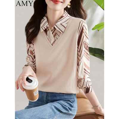 2025秋季新款假两件拼接卫衣T恤短款宽松翻领通勤休闲遮肉上衣女