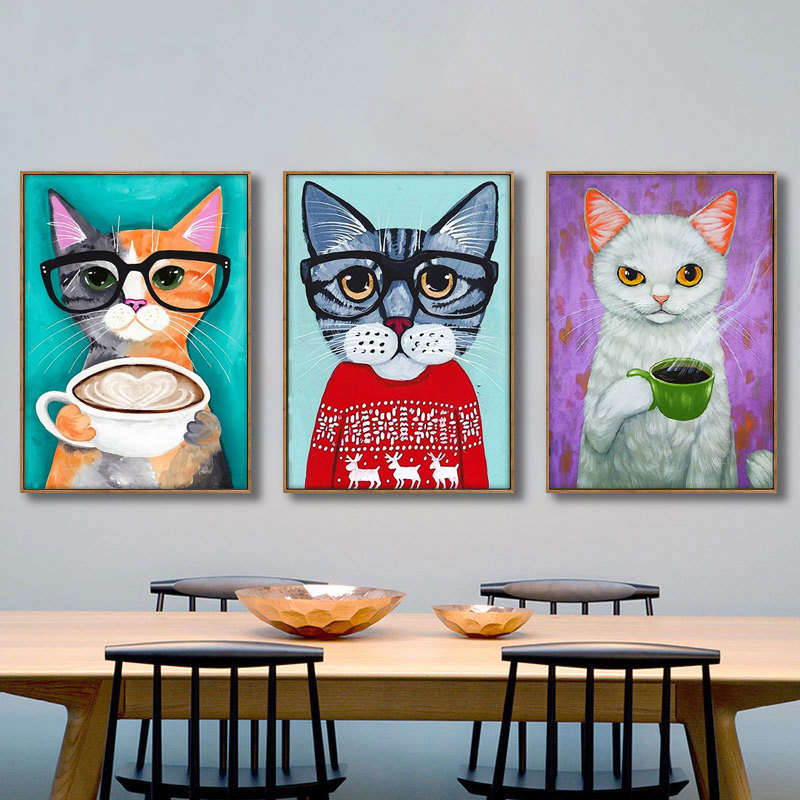 北欧挂画小清新儿童房装饰画宠物店奶茶店动物画女孩卧室猫咪壁画图片