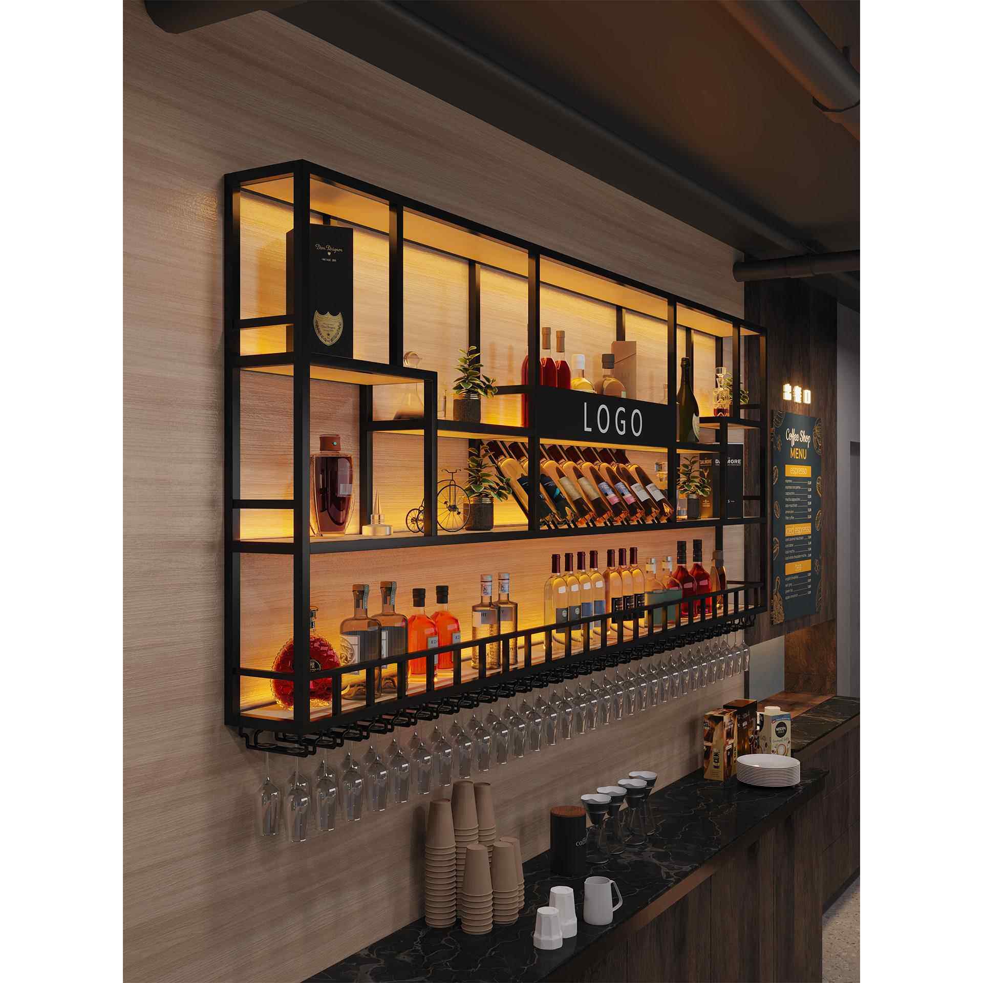 吧台酒柜靠墙壁挂式发光酒架置物架工业风展示架铁艺餐厅红酒架子