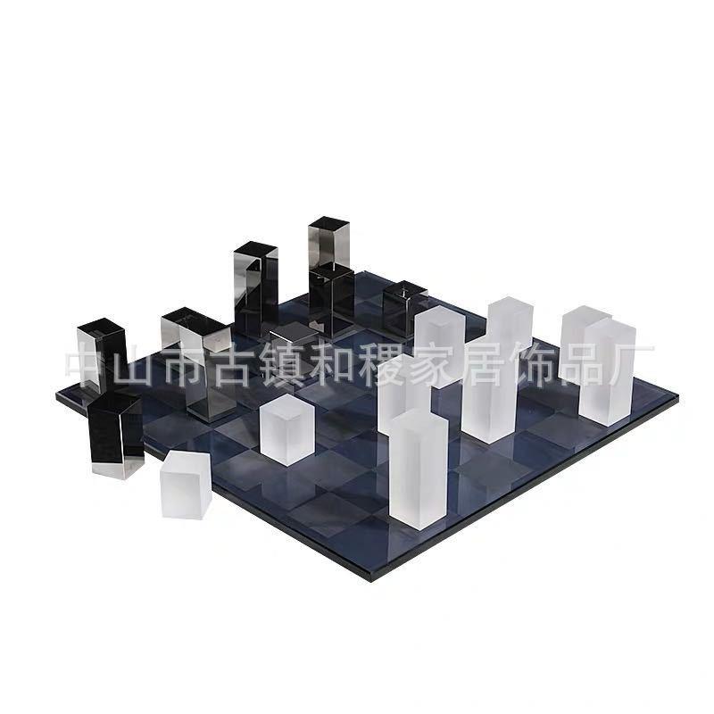 现代简约创意磨砂电镀水晶棋盘轻奢软装饰品摆件客厅售楼处摆设