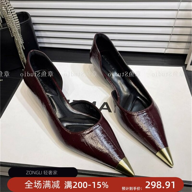 香港欧美风气质单鞋女春夏2026新款酒红色通勤尖头侧空猫跟高跟鞋图片