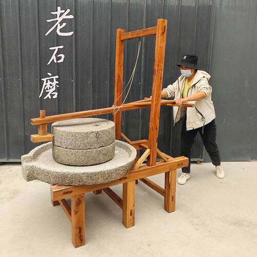 农村老旧手推石磨子老石碾磨豆腐民俗展览茶盘石磨子刻字石磨盘