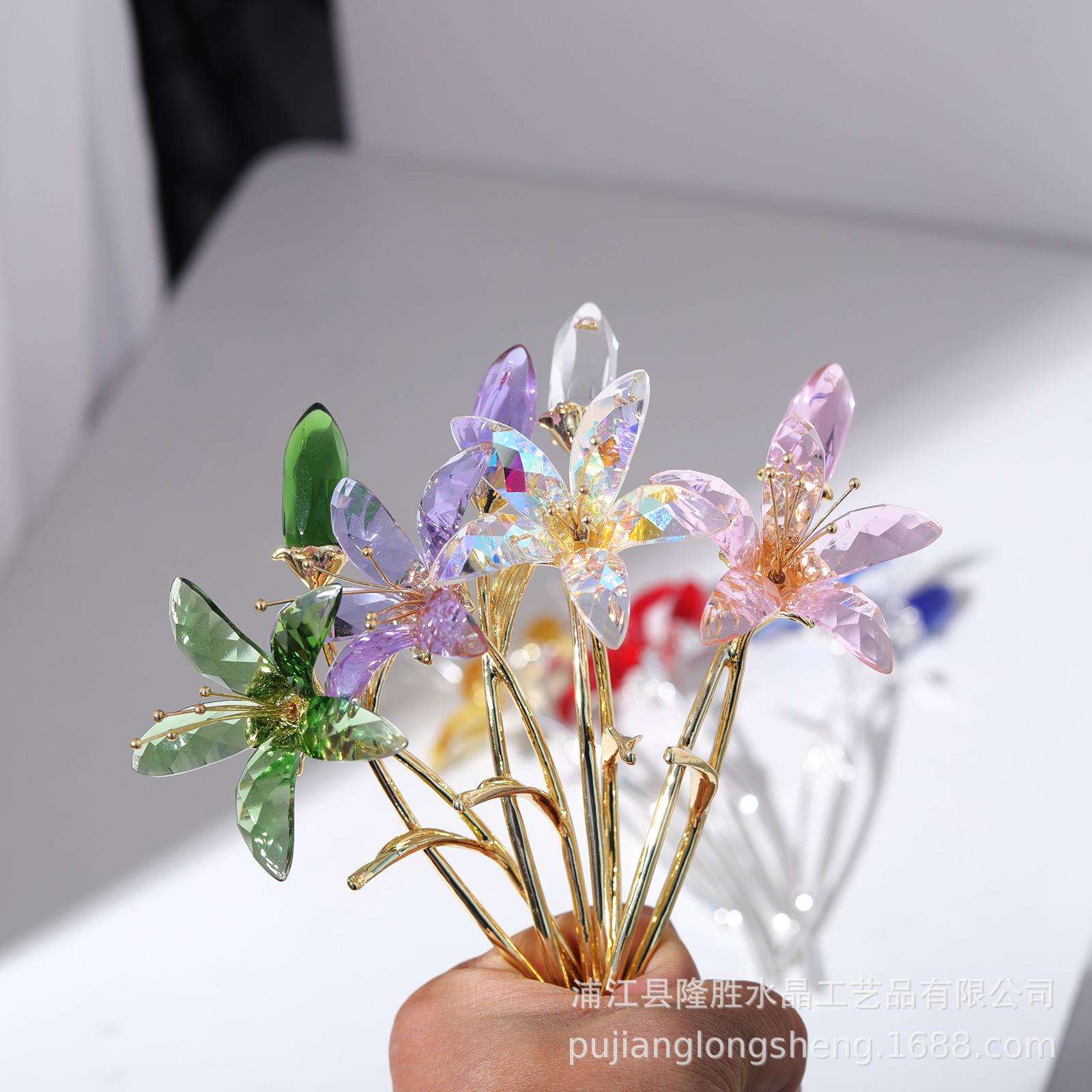 简约现代轻奢风格彩色百合花带花瓶客厅软装桌面小摆件水晶工艺品