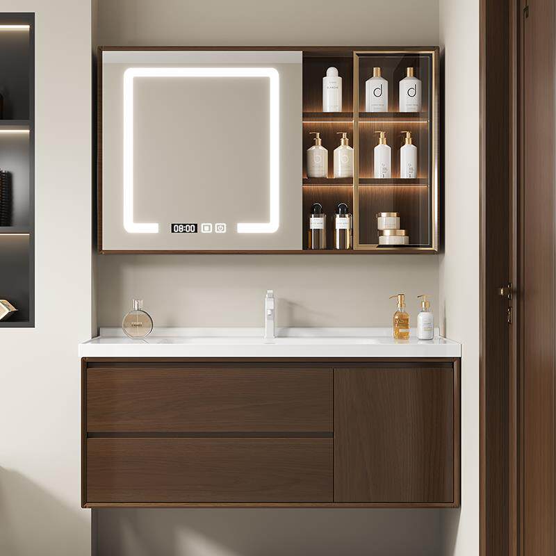 7W橡木简约现代智能浴室柜镜柜组合烤漆实木新中式卫生间洗漱台陶