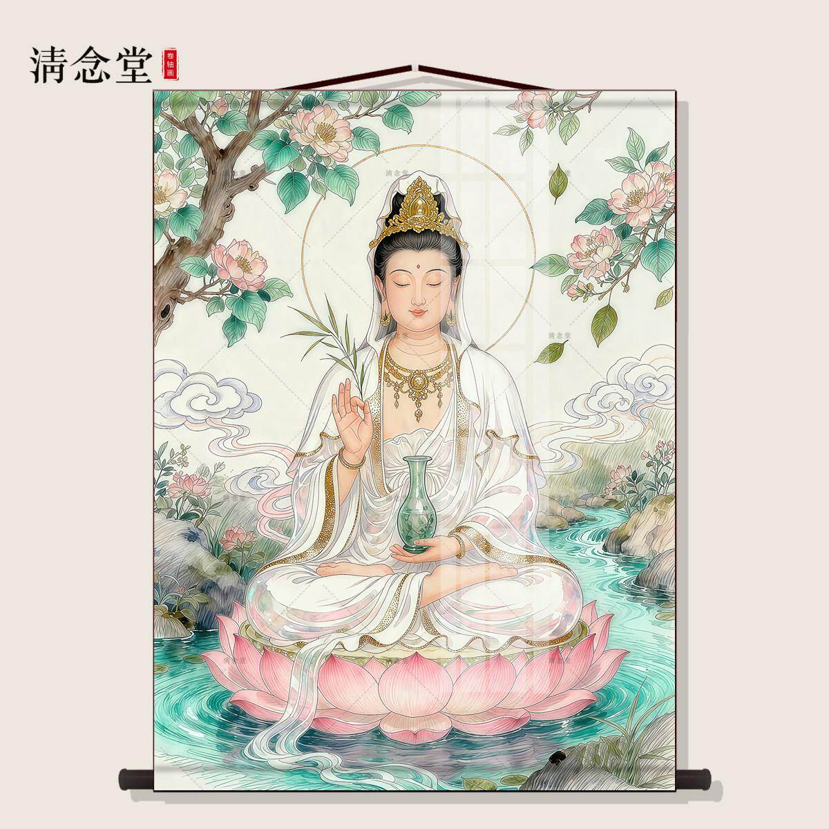 杨柳净瓶观音画像白衣观音圣像莲花佛堂装饰画供奉丝绸卷轴挂轴画
