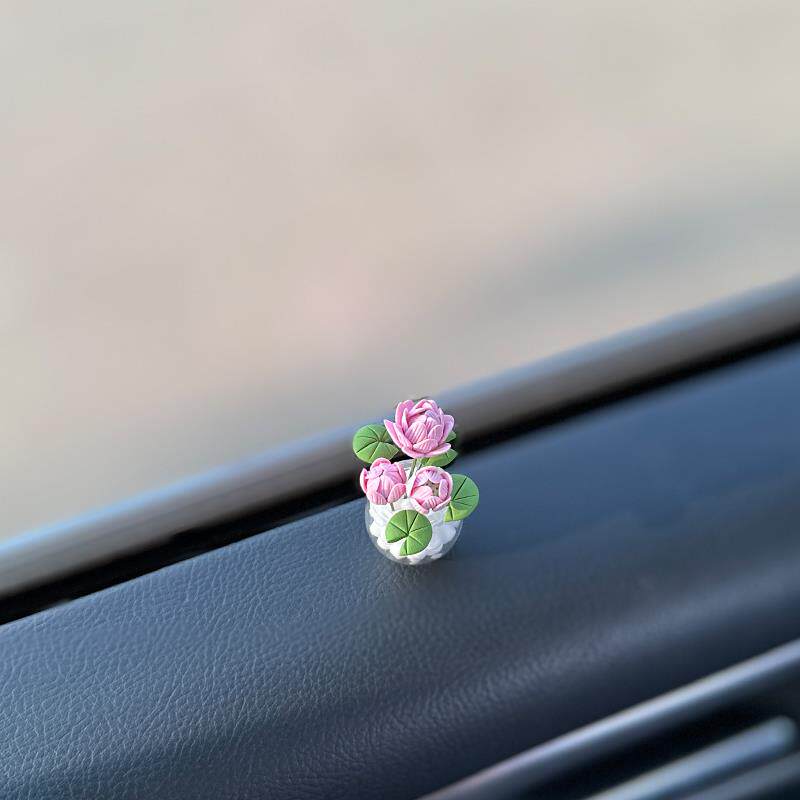 淡雅小荷花汽车中控台窗边摆件治愈系车载装饰品文艺女生车内手办