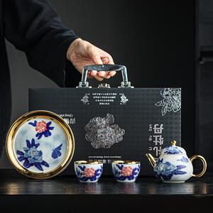 999鎏金茶具套装掐丝高档轻奢牡丹金壶茶杯茶壶便携功夫茶具礼盒