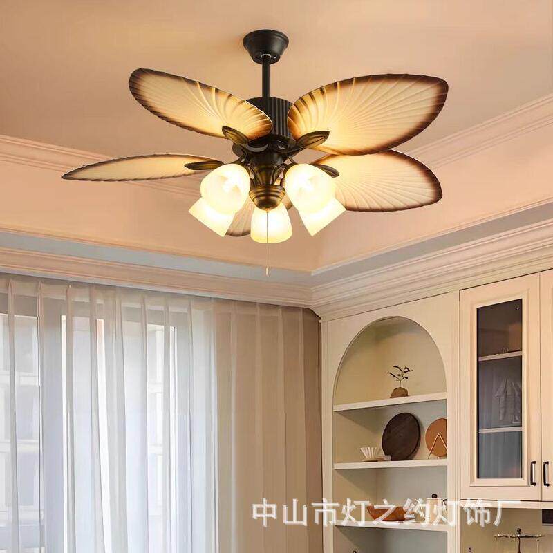 法式中古风客厅风扇灯家用大风力东南亚南洋复古芭蕉叶餐厅吊扇灯