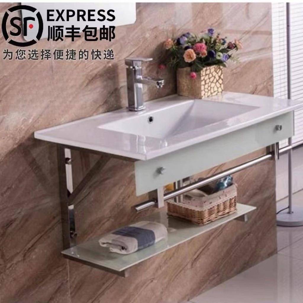 304加厚不锈钢挂墙式洗脸盆壁挂式陶瓷洗手盆整体支架洗漱台组合