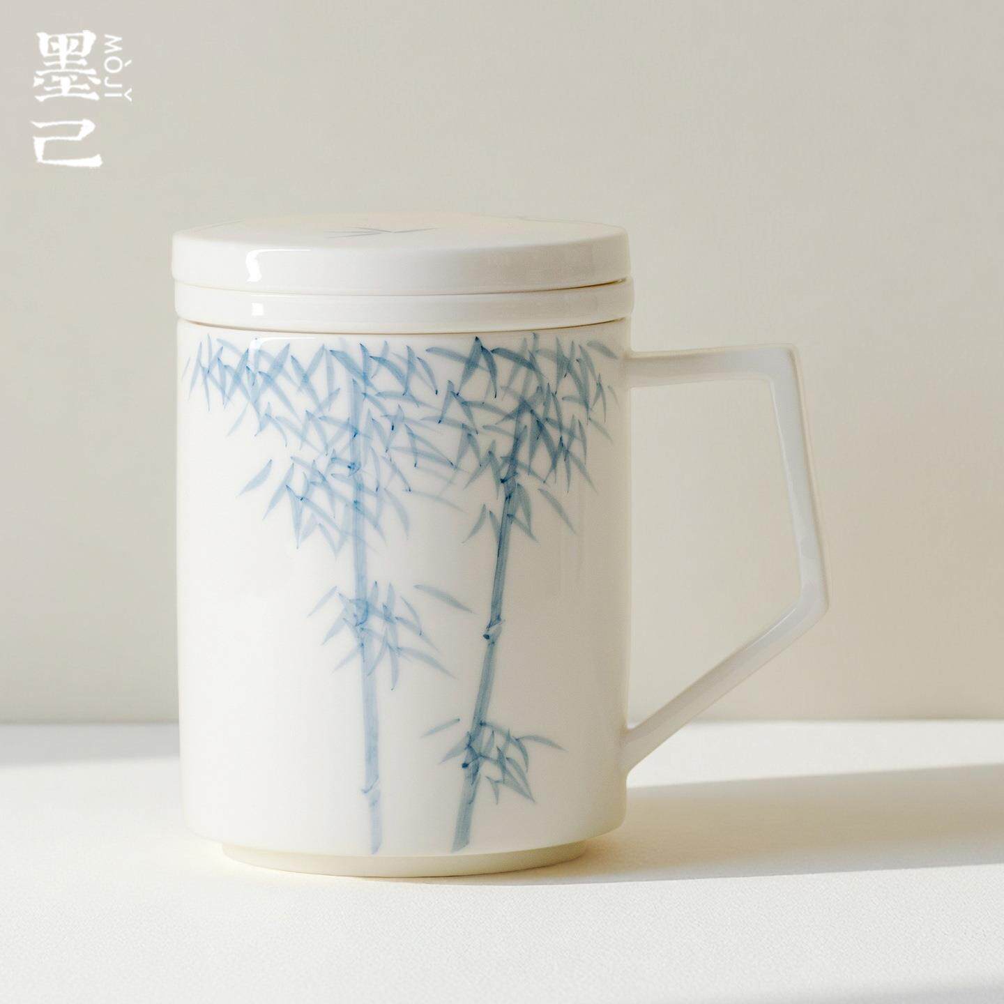 墨己泡茶杯陶瓷创意手绘竹子办公杯带盖内胆过滤茶水分离马克杯