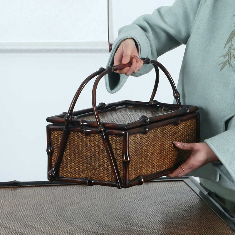 新中式手工竹编筇竹夏梦手提茶箱覆古提盒茶室茶具收纳包茶盒提篮