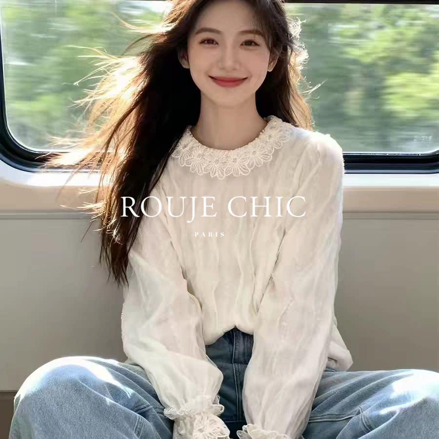 法国rouje chic春季娃娃领蕾丝提花长袖衬衫女法式宽松百搭通勤风
