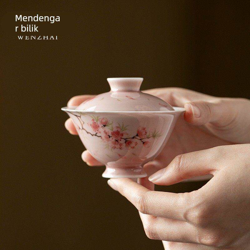 闻斋手绘桃花盖碗家用陶瓷泡茶碗高档德化白瓷功夫茶具小号泡茶器